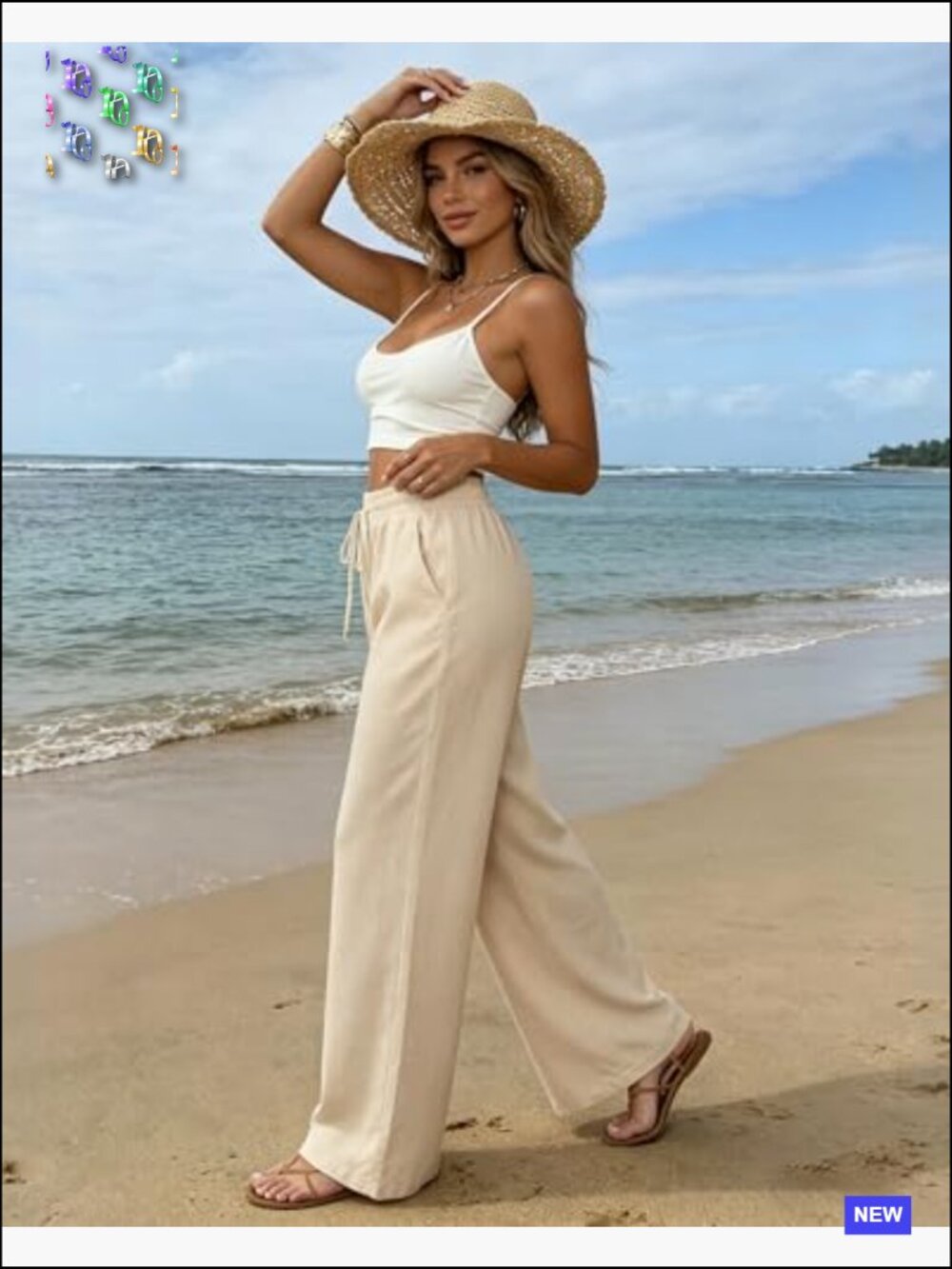Casual Linen Wide Leg Pants High Waist Palazzo Flowy Drawstring Beach Trousers - Picture 2 of 7
